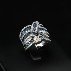 European Retro Platinum Plated Copper Full Inlaid Blue Zircon Ring, Heavy Craft Braided Hollow Out Band, Hot Selling Banquet Hand Jewelry