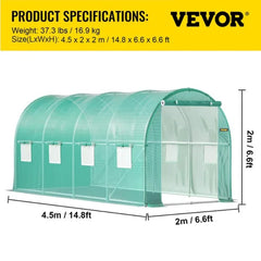 VEVOR Walk-in Tunnel Greenhouse, 14.8 X 6.6 X 6.6 Ft Portable Plant Hot House W Galvanized Steel Hoops, 1 Top Beam, Diagonal Poles, Zippered Door 8 Roll-up Windows, Green