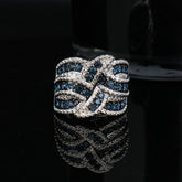 European Retro Platinum Plated Copper Full Inlaid Blue Zircon Ring, Heavy Craft Braided Hollow Out Band, Hot Selling Banquet Hand Jewelry