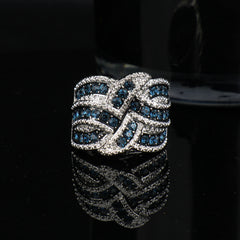 European Retro Platinum Plated Copper Full Inlaid Blue Zircon Ring, Heavy Craft Braided Hollow Out Band, Hot Selling Banquet Hand Jewelry