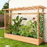 Wooden Planter Box With Trellis, Hanging Roof And Drainage Holes For Climbing Plants, Vegetables, Herbs And Flowers