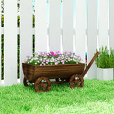 Wooden Wagon Planter Box, Mobile Garden Planter with 4 Wheels, Small Wheelbarrow Wagon Flower Cart with Drainage Hole