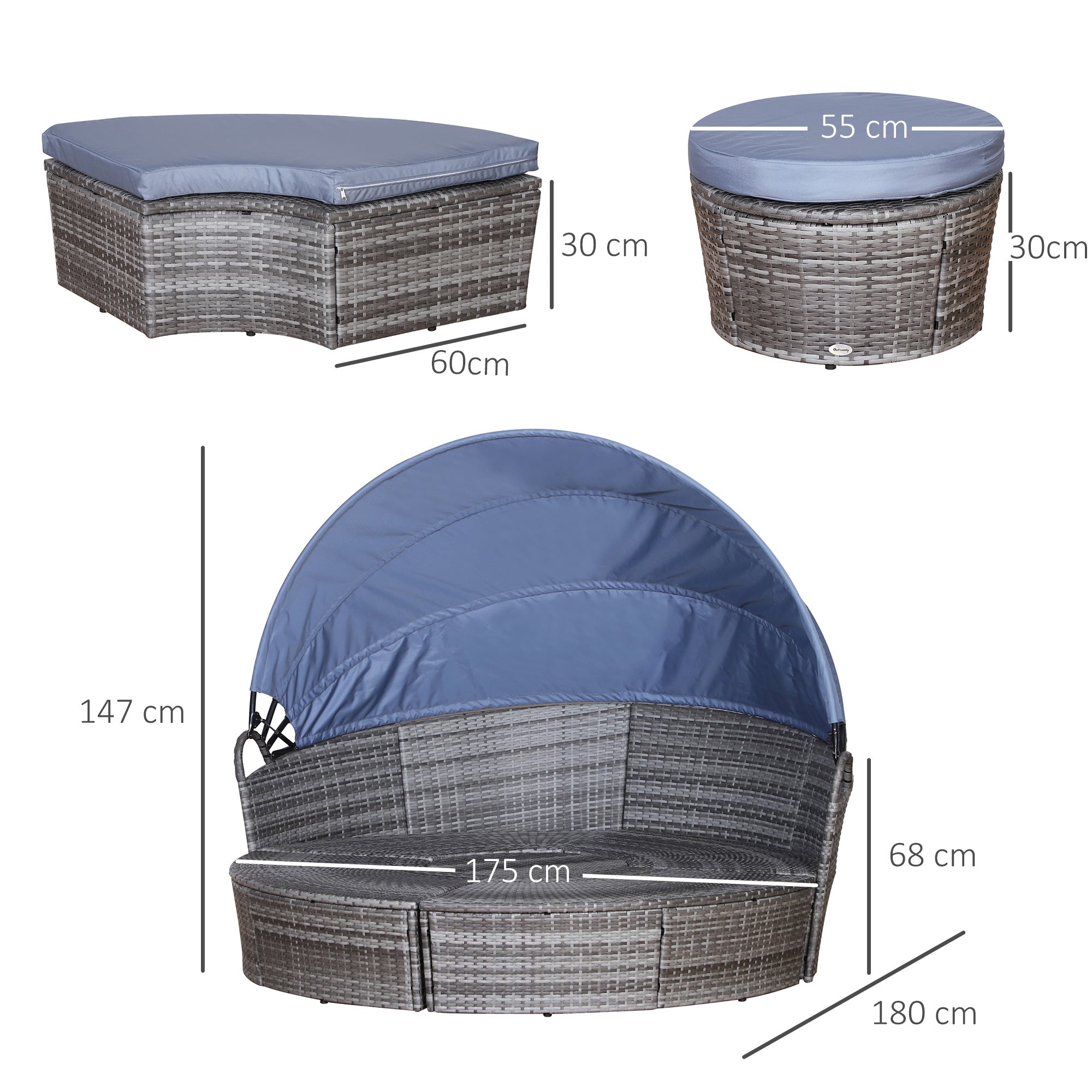 Outdoor PE Rattan Garden Furniture With Cushioned, Patio Wicker Conversation Furniture Set, Round Daybed With Retractable Canopy, Coffee Table And Three Pillows, Grey Blue Grey