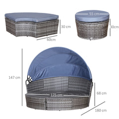 Outdoor PE Rattan Garden Furniture With Cushioned, Patio Wicker Conversation Furniture Set, Round Daybed With Retractable Canopy, Coffee Table And Three Pillows, Grey Blue Grey