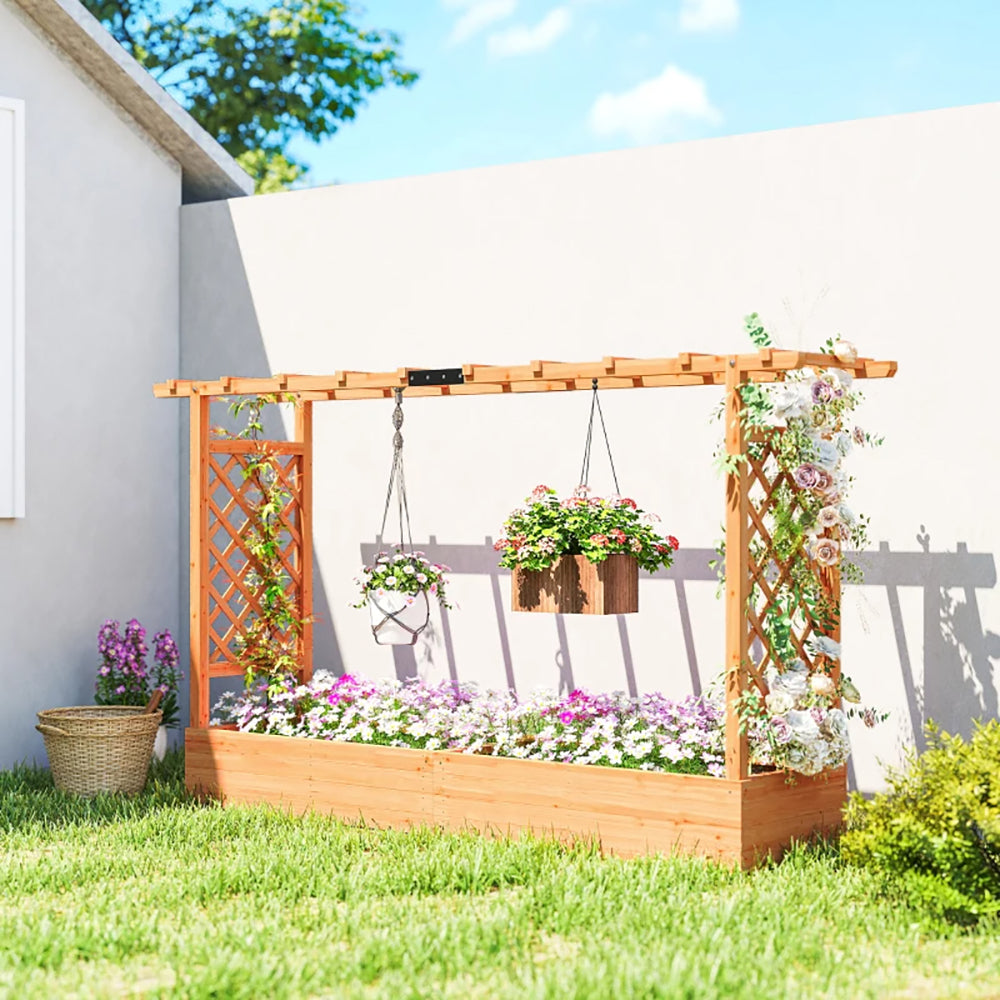 Wooden Planter Box With Trellis, Hanging Roof And Drainage Holes For Climbing Plants, Vegetables, Herbs And Flowers