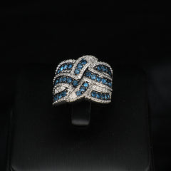 European Retro Platinum Plated Copper Full Inlaid Blue Zircon Ring, Heavy Craft Braided Hollow Out Band, Hot Selling Banquet Hand Jewelry