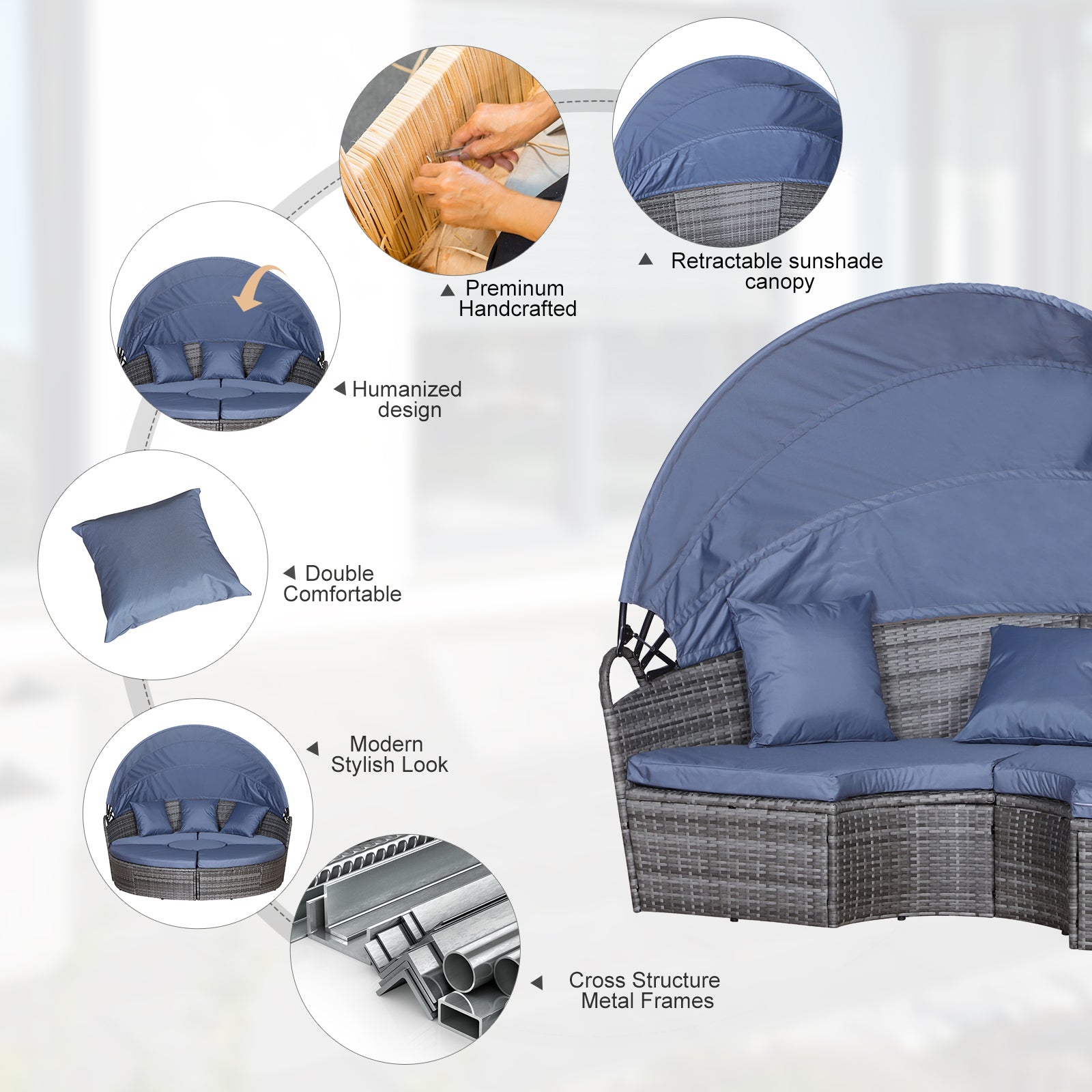 Outdoor PE Rattan Garden Furniture With Cushioned, Patio Wicker Conversation Furniture Set, Round Daybed With Retractable Canopy, Coffee Table And Three Pillows, Grey Blue Grey