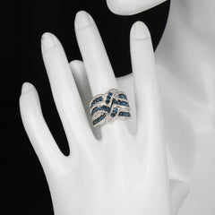European Retro Platinum Plated Copper Full Inlaid Blue Zircon Ring, Heavy Craft Braided Hollow Out Band, Hot Selling Banquet Hand Jewelry