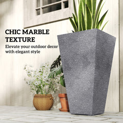 28" Tall Planters, Set of 3 Plastic Flower Pots with Marble Finish and Drainage Holes, Stackable Taper Planters, Gray