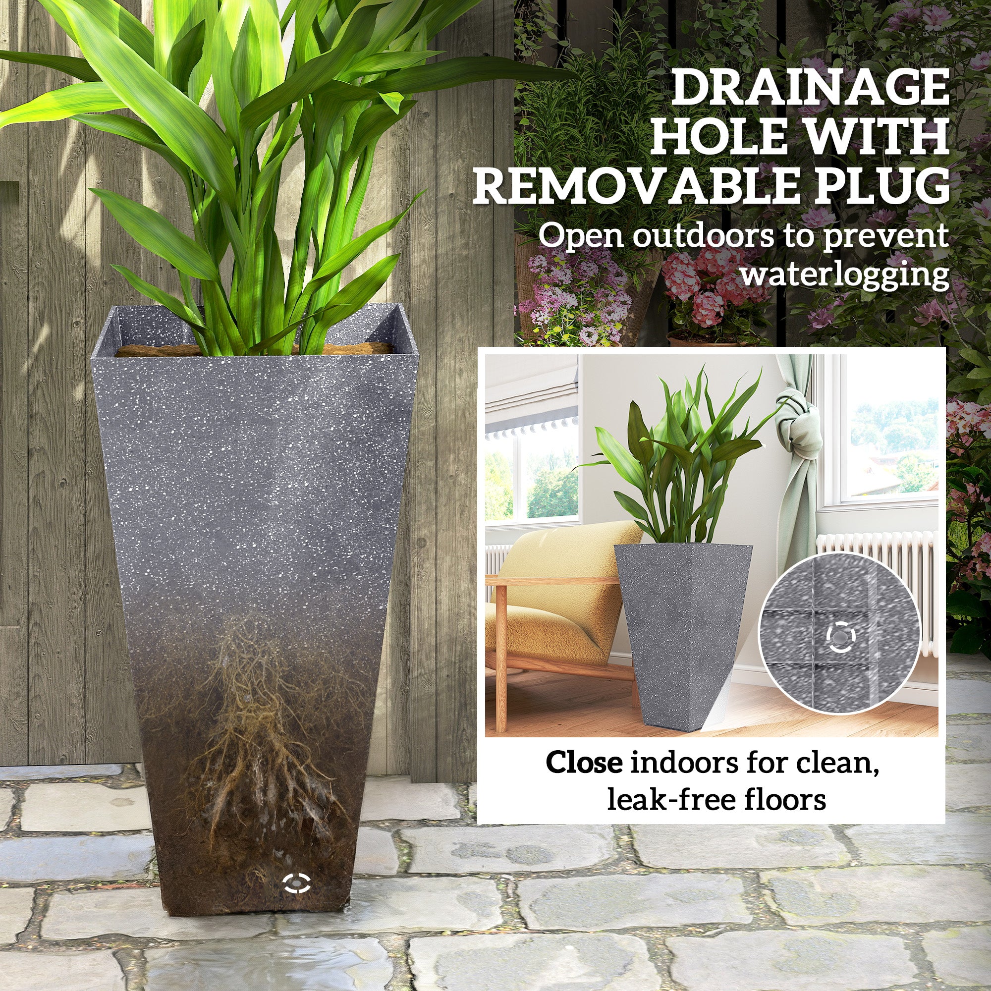 28" Tall Planters, Set of 3 Plastic Flower Pots with Marble Finish and Drainage Holes, Stackable Taper Planters, Gray