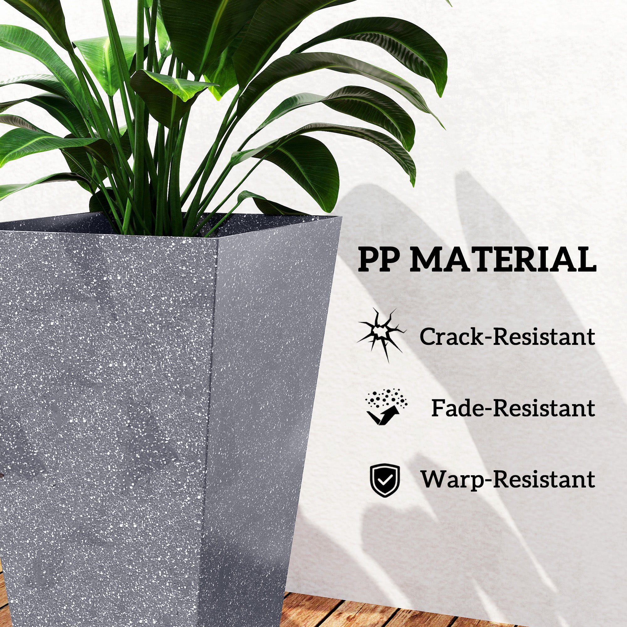 28" Tall Planters, Set of 3 Plastic Flower Pots with Marble Finish and Drainage Holes, Stackable Taper Planters, Gray