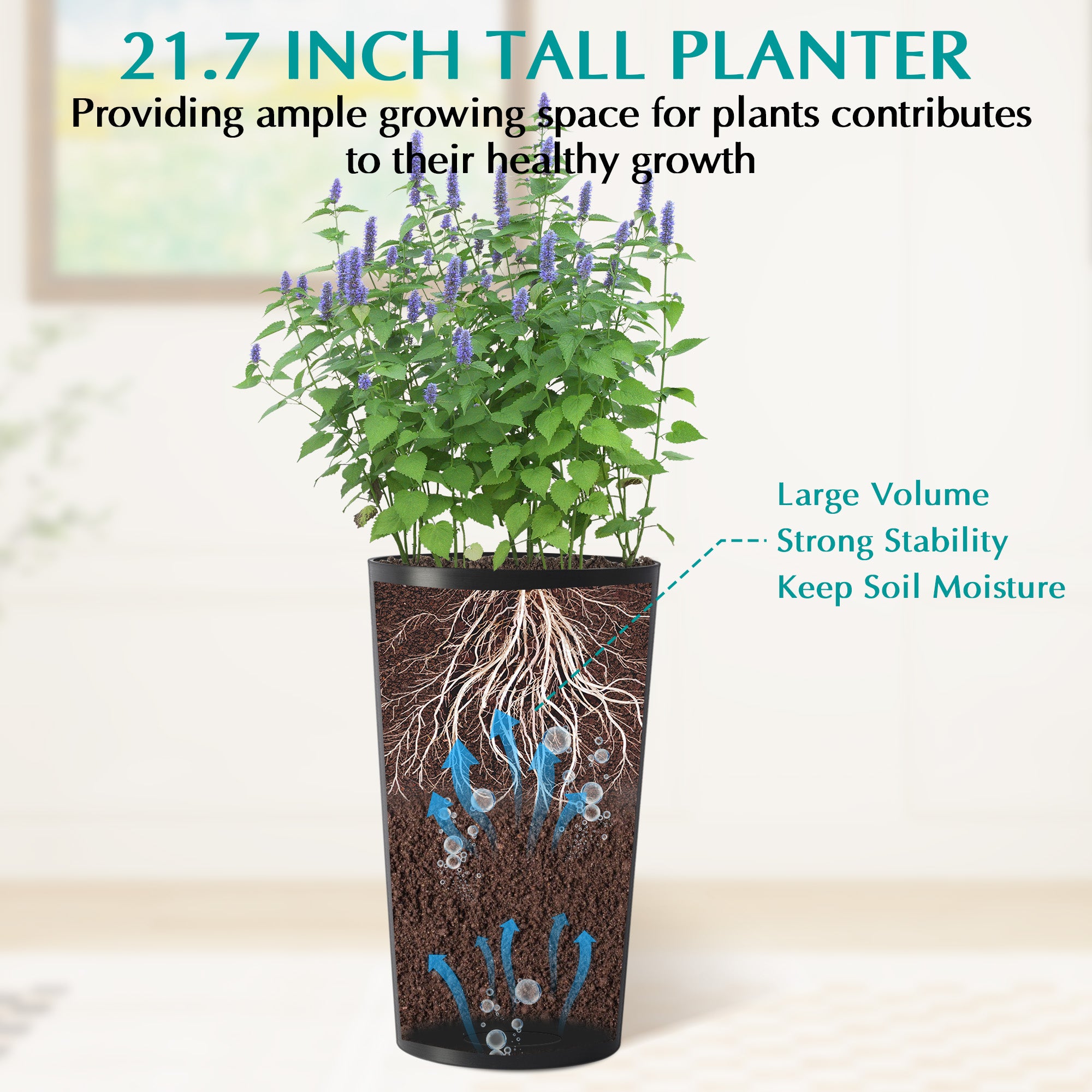 2 Pack Tall 21.7 In Planters For Outdoor Plants Modern Tall Square Planter Box Indoor Outdoor Porch Patio Flower Pot Modern Big Tapered Matte Tree Flower Pot For Garden,  Black