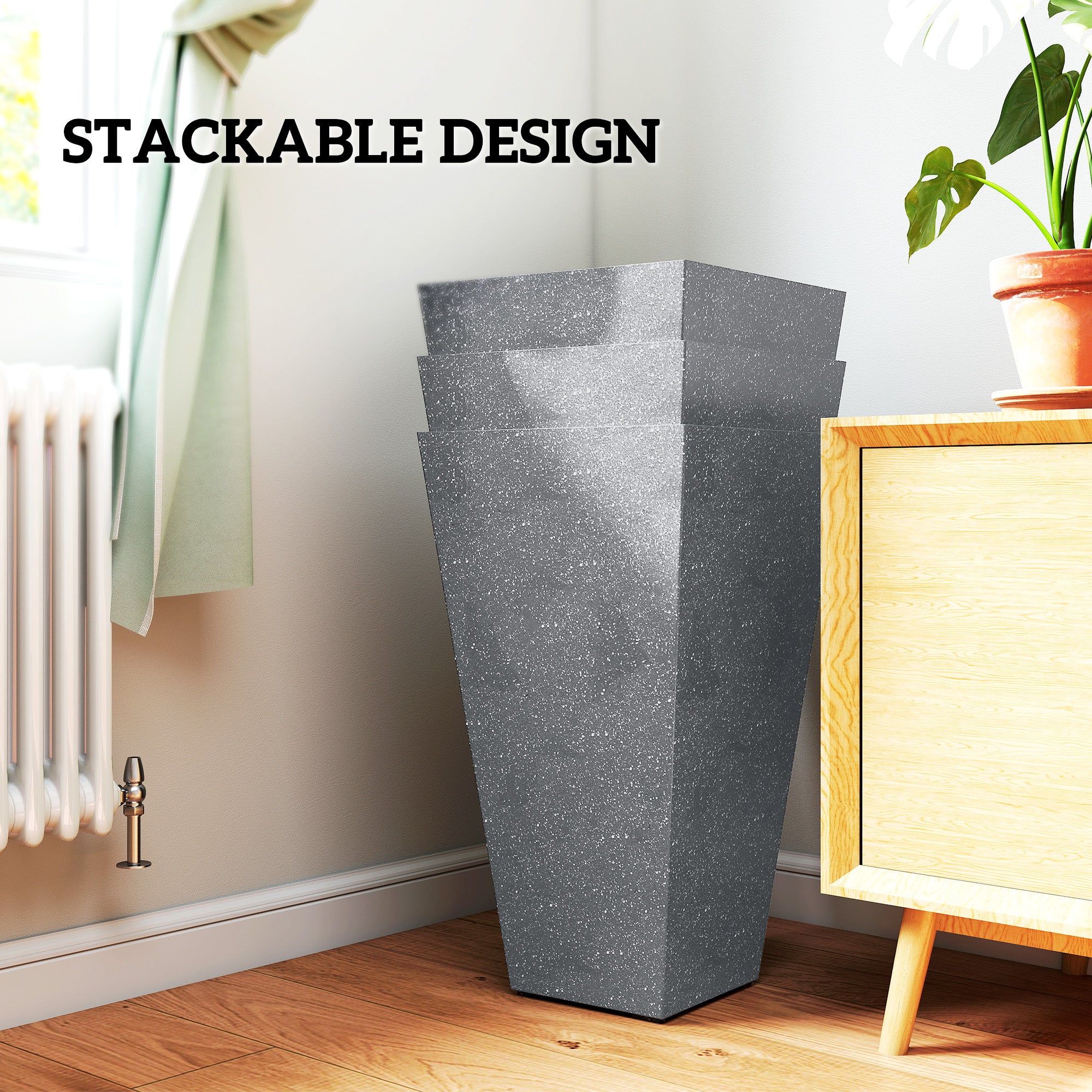 28" Tall Planters, Set of 3 Plastic Flower Pots with Marble Finish and Drainage Holes, Stackable Taper Planters, Gray