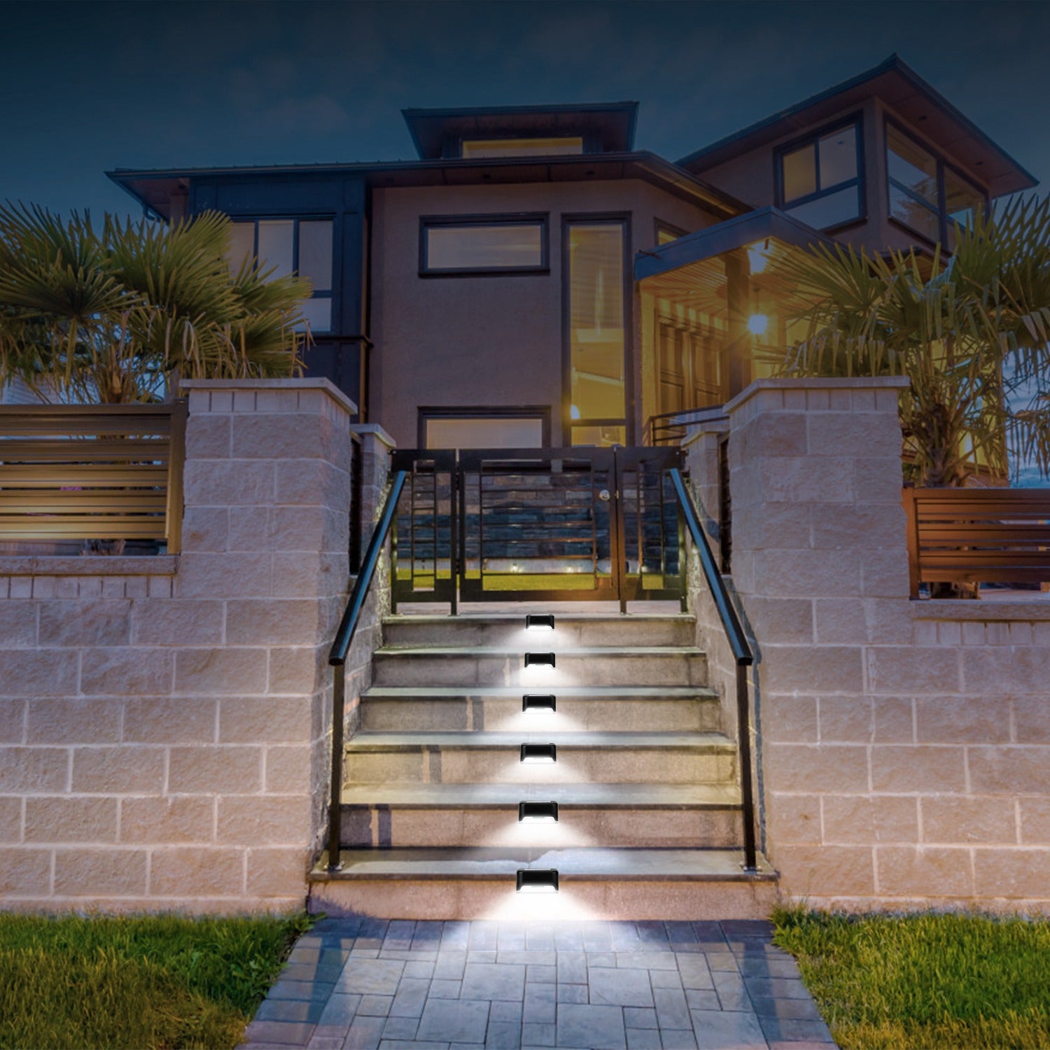 4Pcs Solar Powered LED Step Lights Outdoor Water-Resistant Dusk To Dawn Sensor Fence Lamps For Stairs Yard Railing