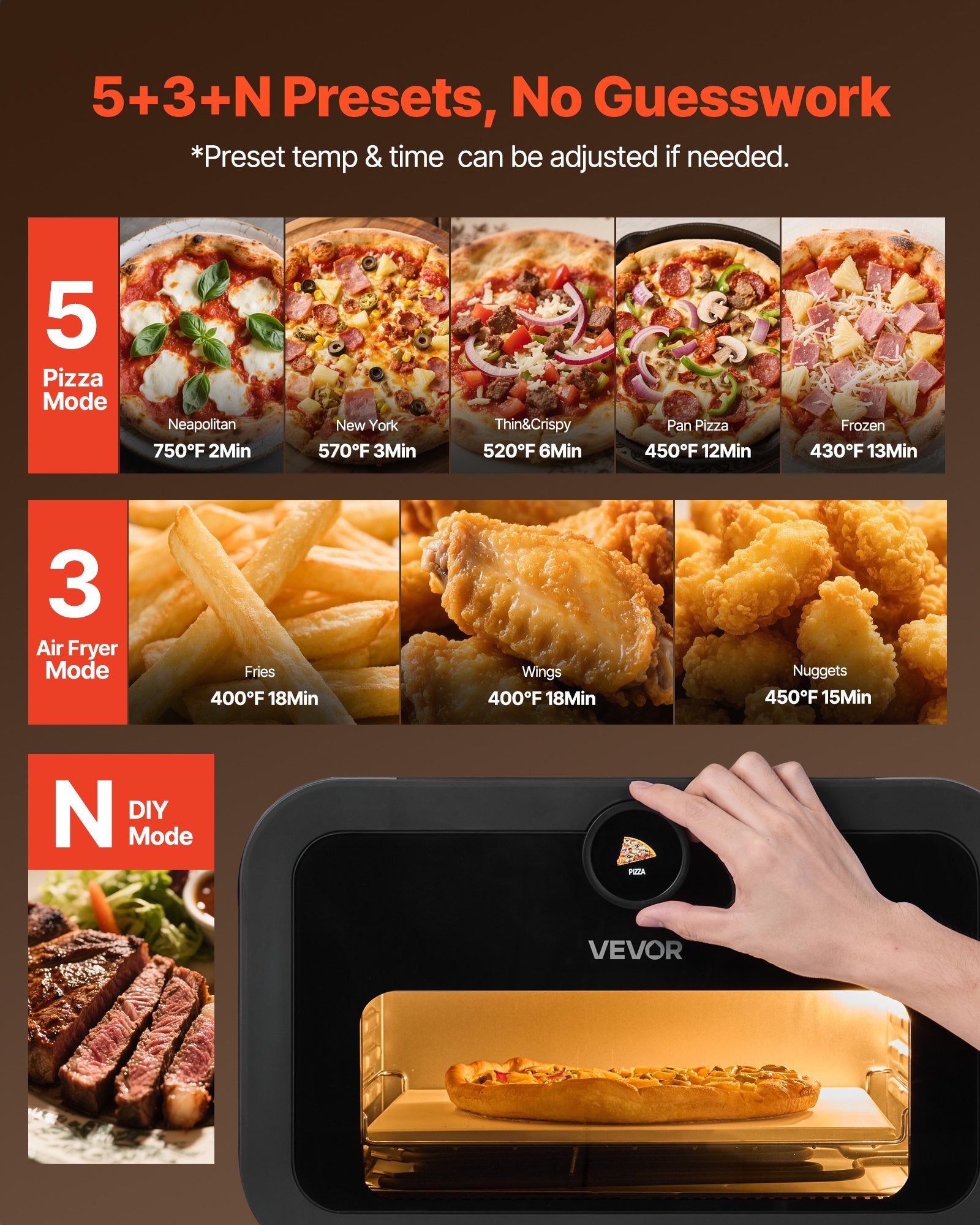 Pizza Oven, 8 Presets Electric Pizza Ovens Air Fry Combo, 12-Inch Indoor Pizza Maker Smart Knob Control , 750°F Max Temp, IPX4 Waterproof Countertop Pizza Cooker W/Pizza Stone,Fry Basket