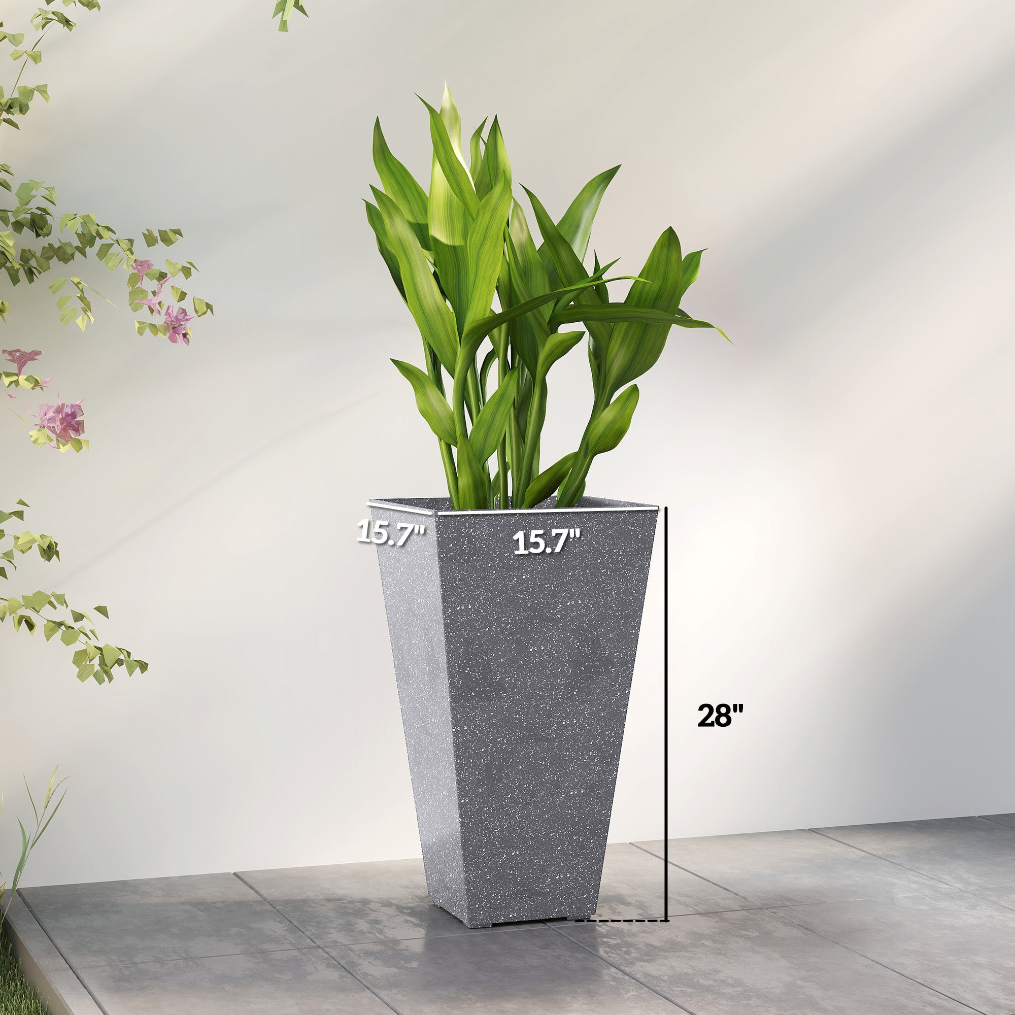 28" Tall Planters, Set of 3 Plastic Flower Pots with Marble Finish and Drainage Holes, Stackable Taper Planters, Gray