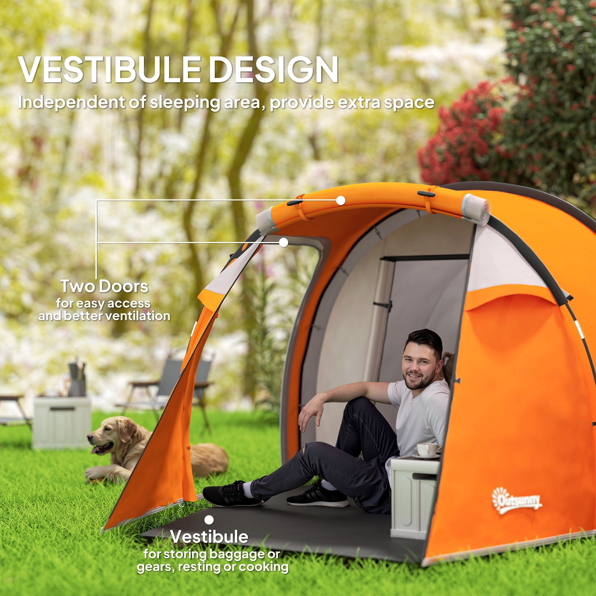 2-3 Man Tunnel Tents W/ Vestibule Camping Tent Porch Air Vents Weather-Resistant Shelter, Orange