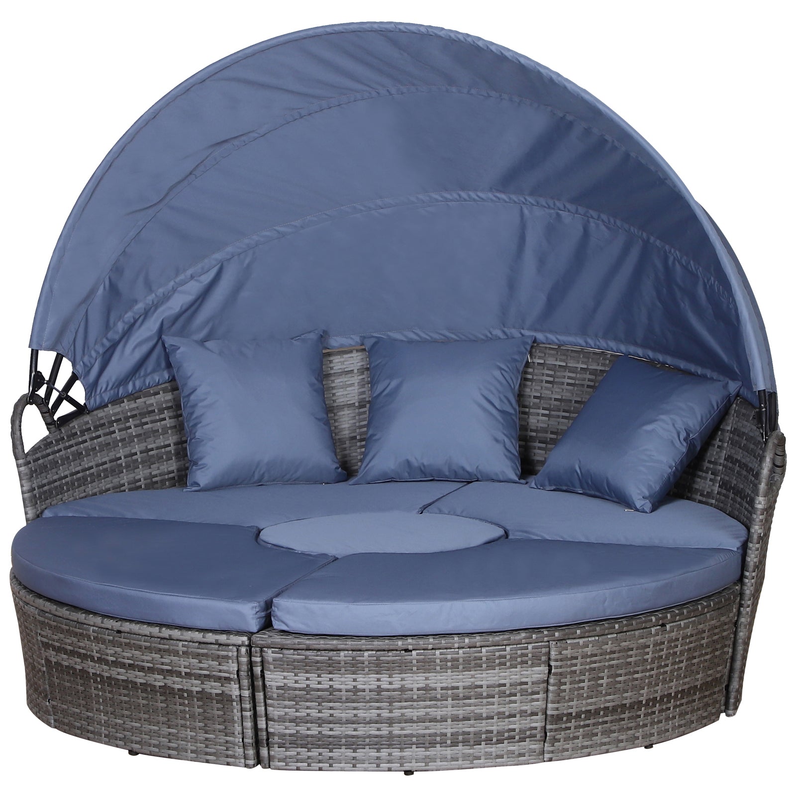 Outdoor PE Rattan Garden Furniture With Cushioned, Patio Wicker Conversation Furniture Set, Round Daybed With Retractable Canopy, Coffee Table And Three Pillows, Grey Blue Grey