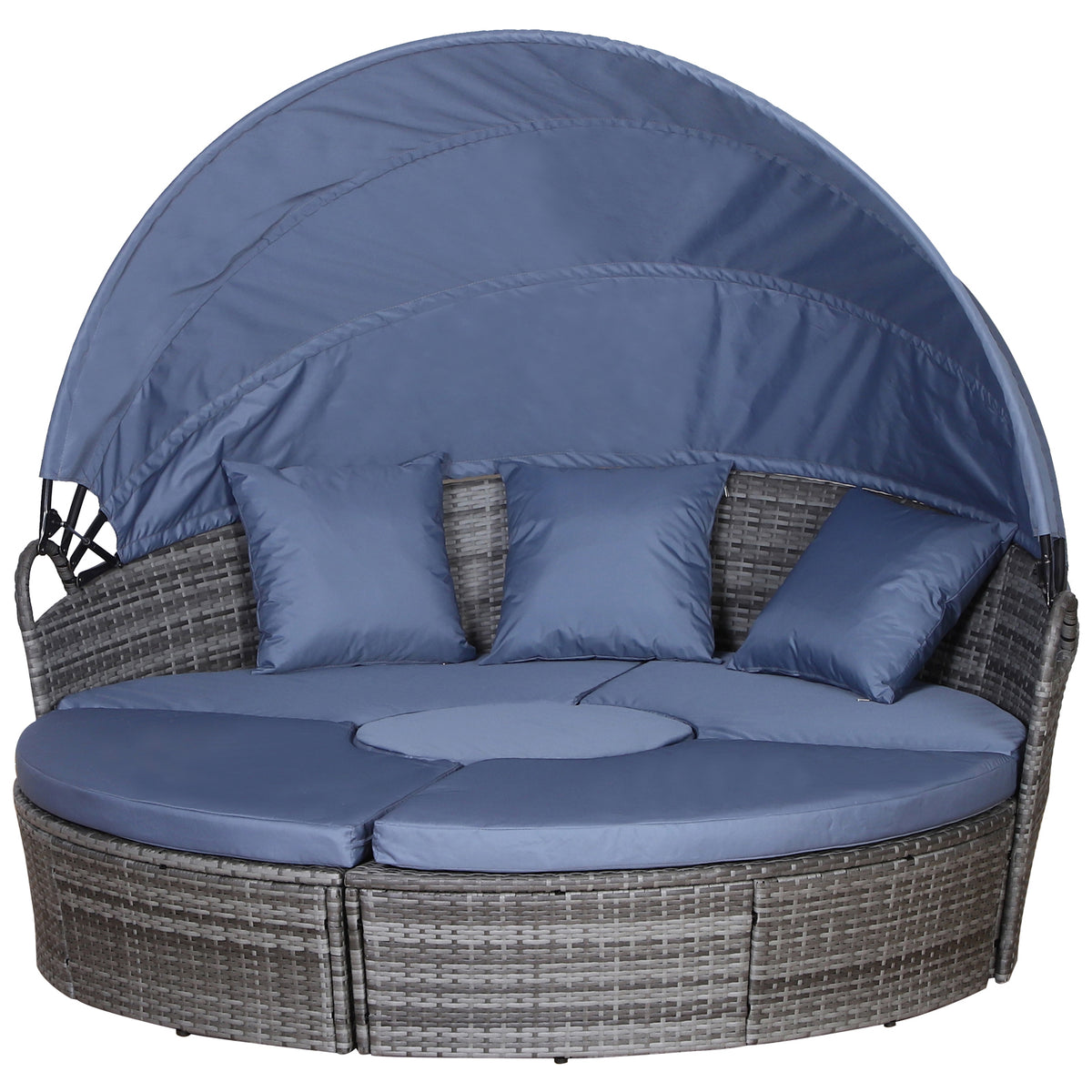 Outdoor PE Rattan Garden Furniture With Cushioned, Patio Wicker Conversation Furniture Set, Round Daybed With Retractable Canopy, Coffee Table And Three Pillows, Grey Blue Grey