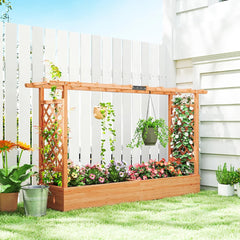Wooden Planter Box With Trellis, Hanging Roof And Drainage Holes For Climbing Plants, Vegetables, Herbs And Flowers