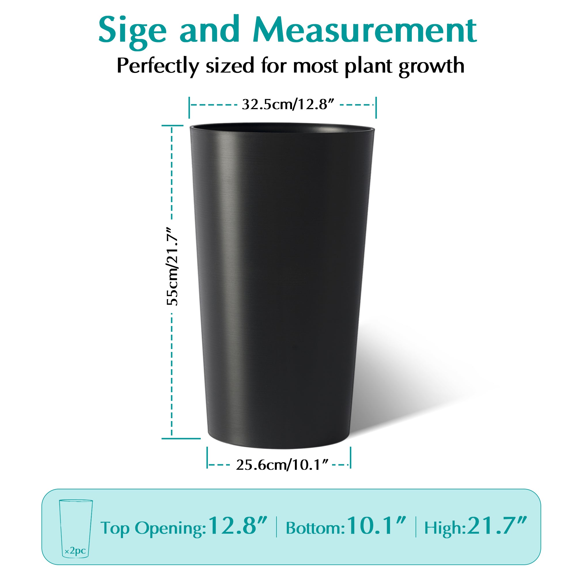 2 Pack Tall 21.7 In Planters For Outdoor Plants Modern Tall Square Planter Box Indoor Outdoor Porch Patio Flower Pot Modern Big Tapered Matte Tree Flower Pot For Garden,  Black