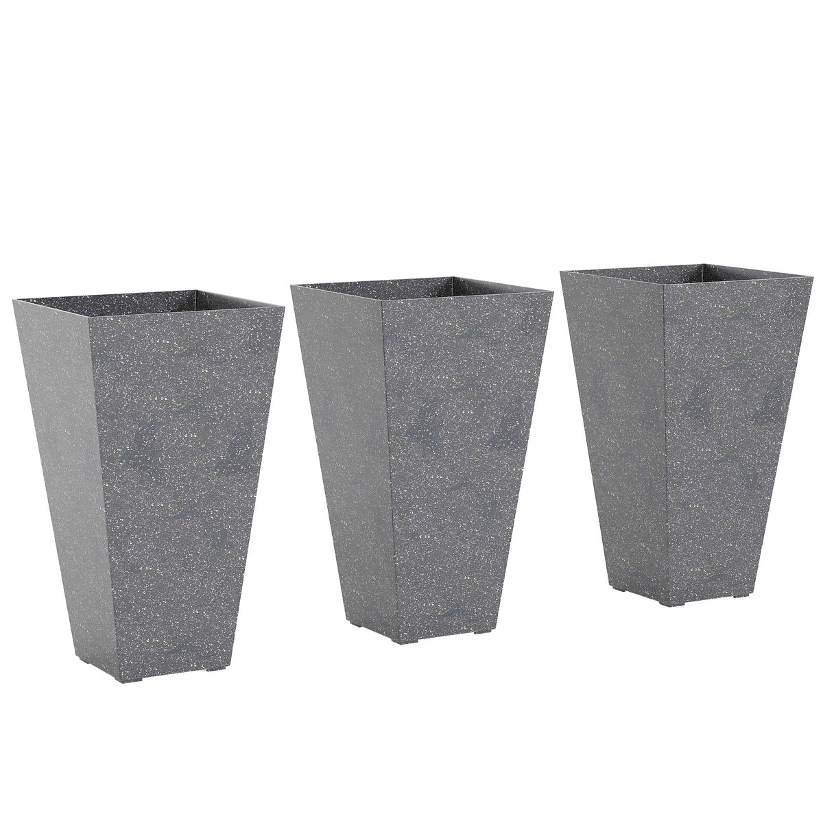 28" Tall Planters, Set of 3 Plastic Flower Pots with Marble Finish and Drainage Holes, Stackable Taper Planters, Gray