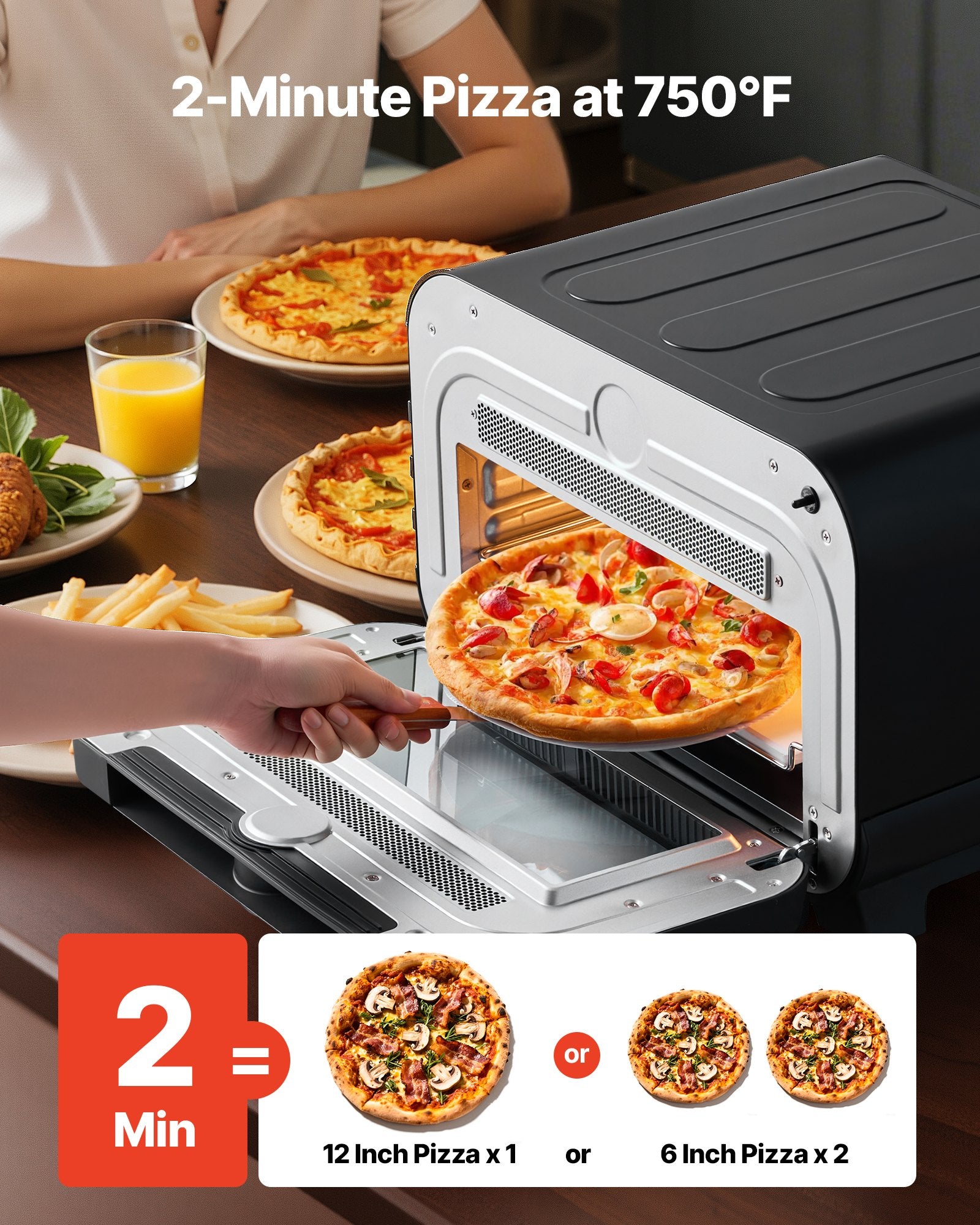 Pizza Oven, 8 Presets Electric Pizza Ovens Air Fry Combo, 12-Inch Indoor Pizza Maker Smart Knob Control , 750°F Max Temp, IPX4 Waterproof Countertop Pizza Cooker W/Pizza Stone,Fry Basket