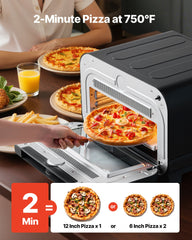 Pizza Oven, 8 Presets Electric Pizza Ovens Air Fry Combo, 12-Inch Indoor Pizza Maker Smart Knob Control , 750°F Max Temp, IPX4 Waterproof Countertop Pizza Cooker W/Pizza Stone,Fry Basket