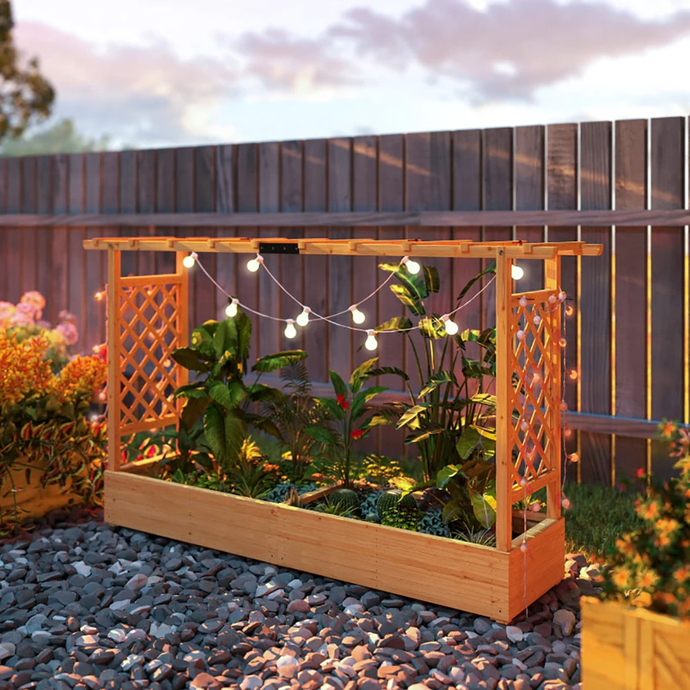 Wooden Planter Box With Trellis, Hanging Roof And Drainage Holes For Climbing Plants, Vegetables, Herbs And Flowers