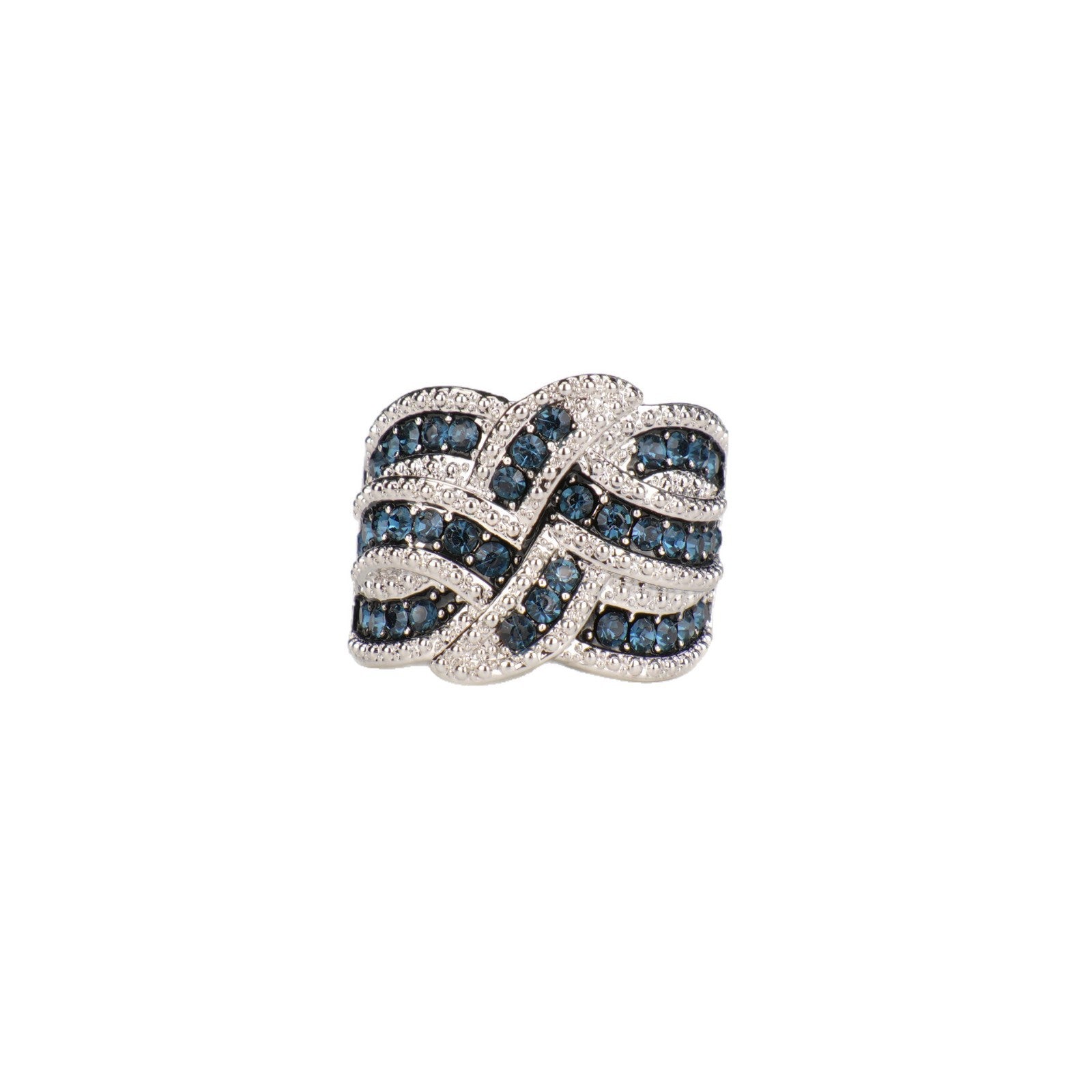 European Retro Platinum Plated Copper Full Inlaid Blue Zircon Ring, Heavy Craft Braided Hollow Out Band, Hot Selling Banquet Hand Jewelry