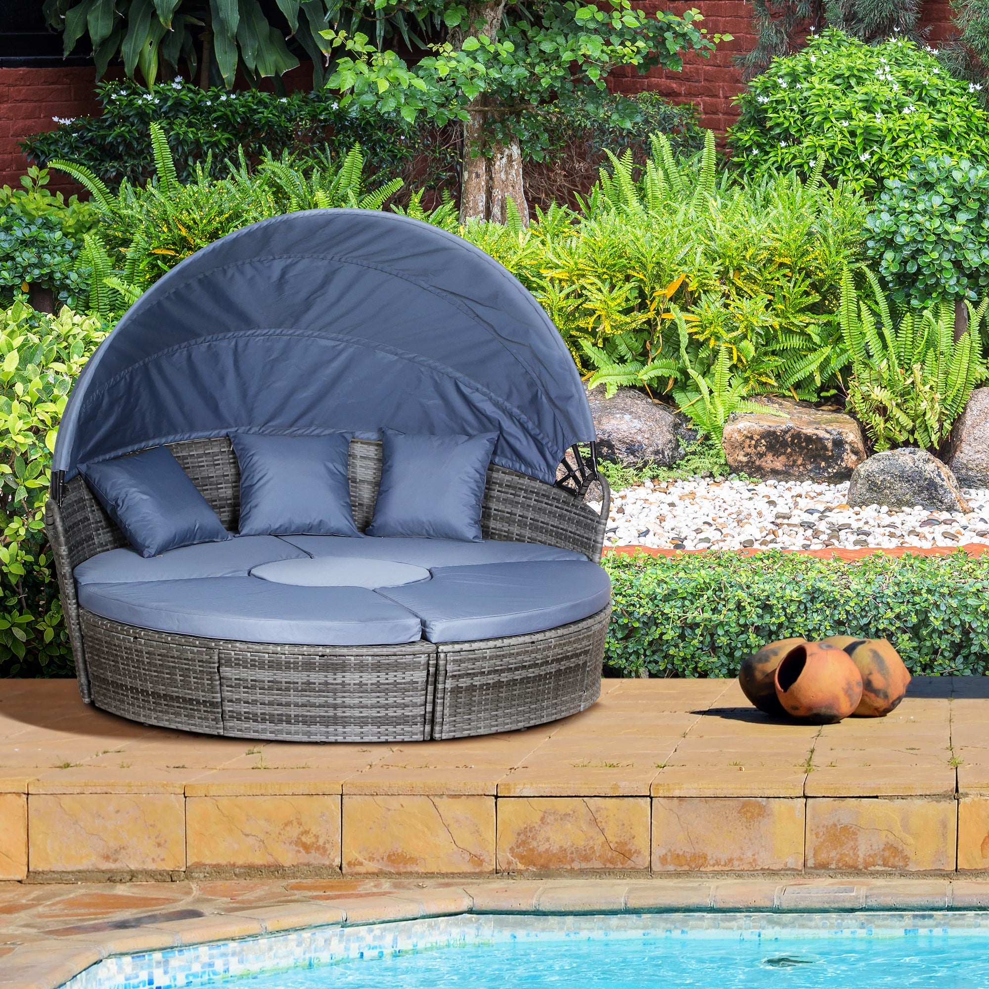 Outdoor PE Rattan Garden Furniture With Cushioned, Patio Wicker Conversation Furniture Set, Round Daybed With Retractable Canopy, Coffee Table And Three Pillows, Grey Blue Grey